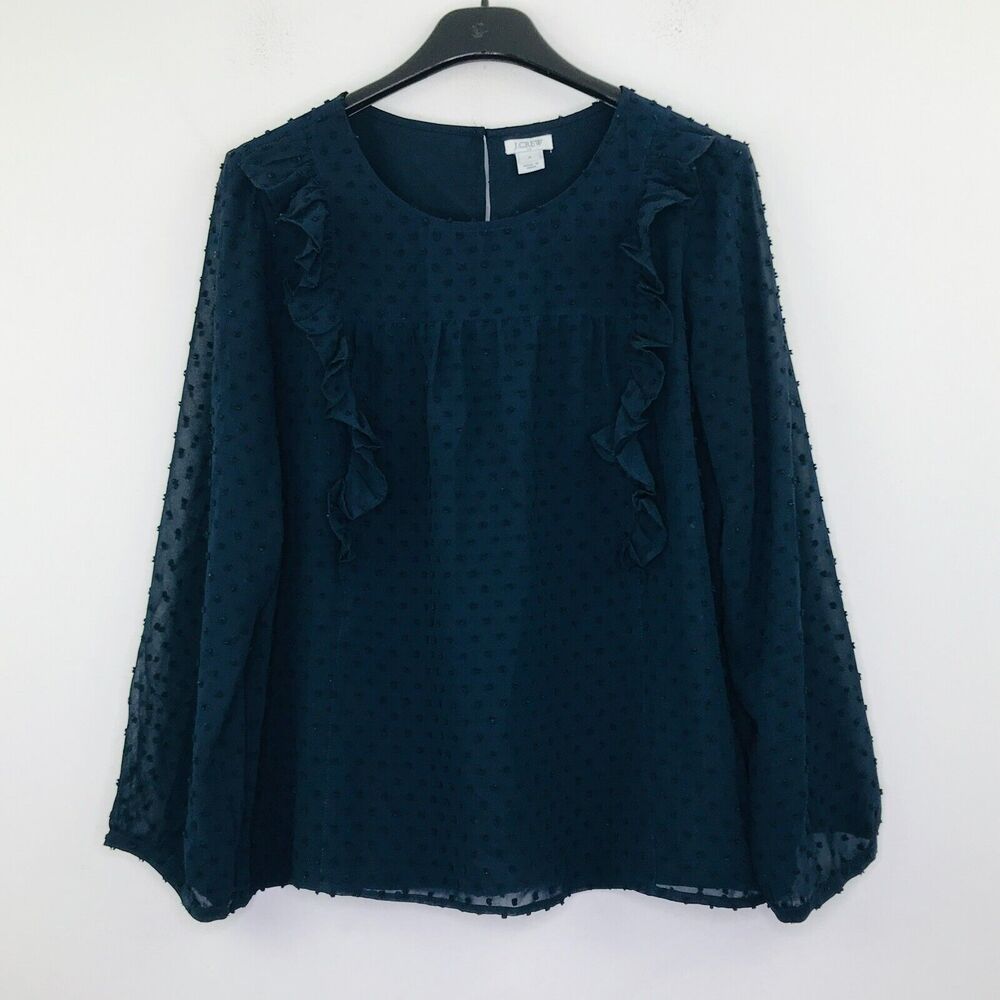 J Crew Women's 8 Blouse Blue Ruffle Front Clip Dot Swiss Long Sleeve J6918 BT7